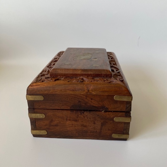 Vintage Jewelry Box Wooden with Elephant Inlay Brass Decor and 3D Florals - Picture 2 of 10